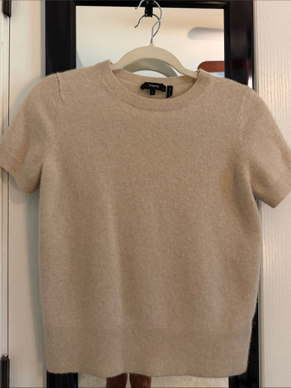 Theory Short-Sleeve Crewneck Cashmere Blend Sweater in Beige Tolleree Size Large